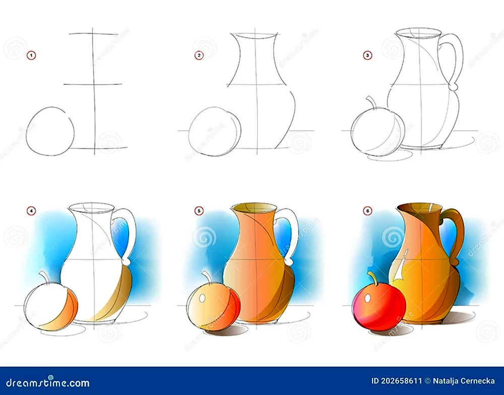 Поэтапное рисование натюрморта кувшин и яблоко