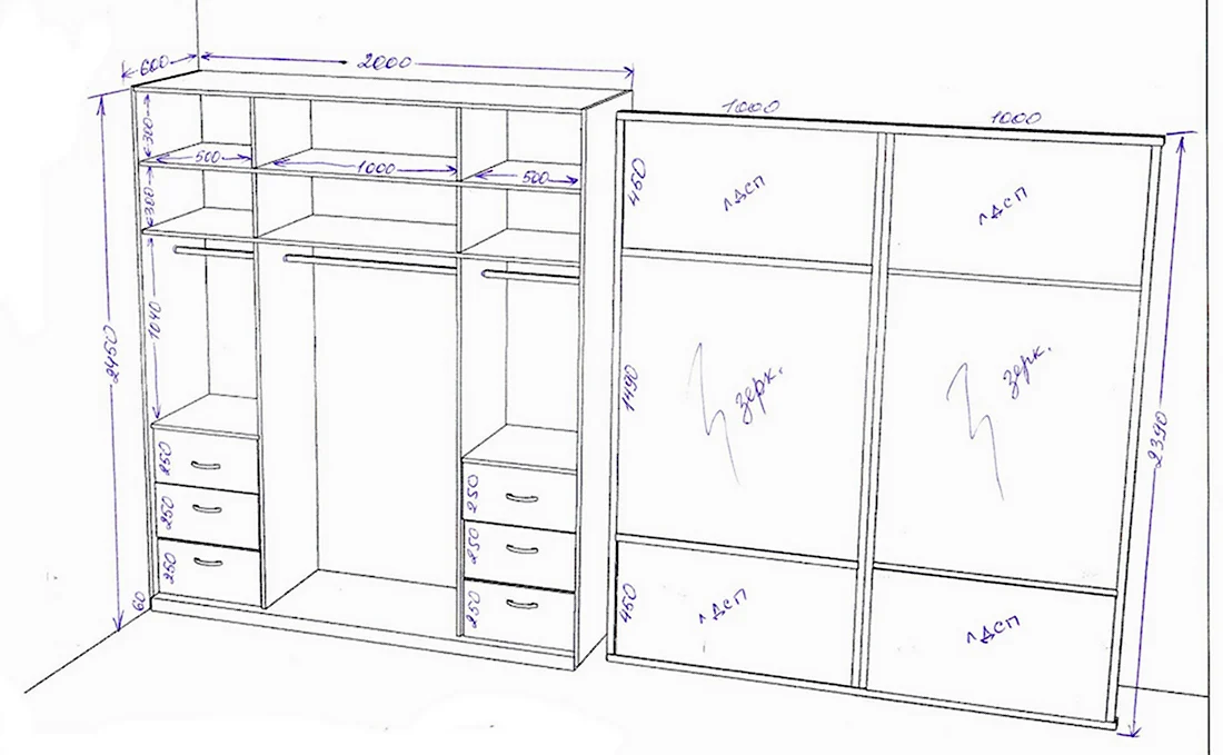 Чертеж двухстворчатого шкафа с зеркальными дверьми